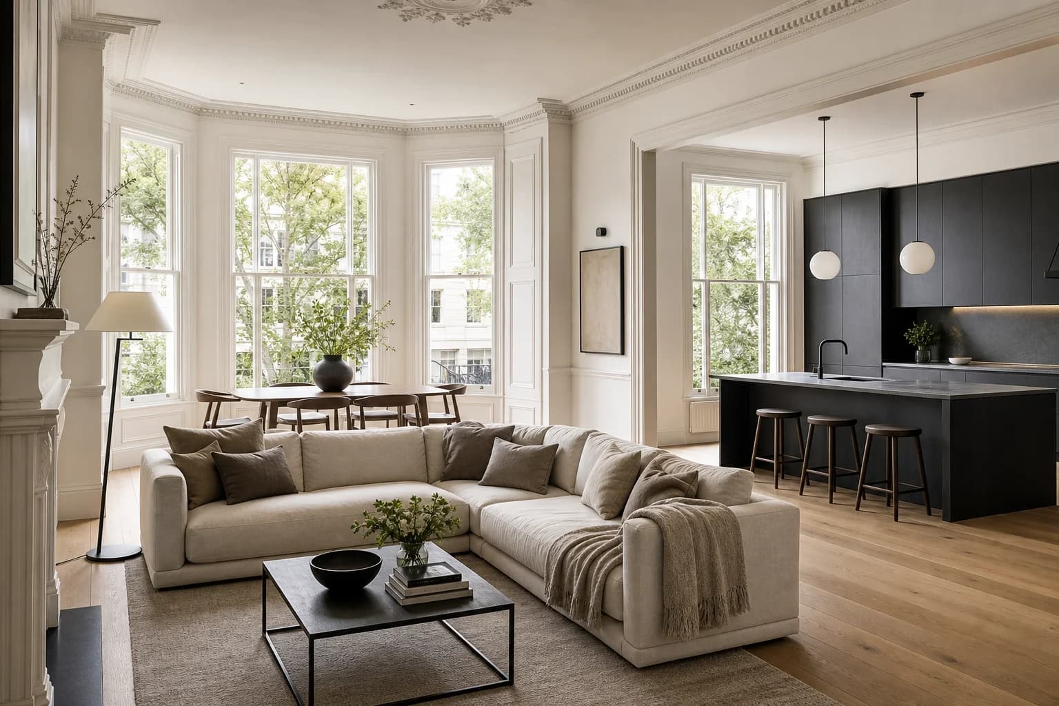 A refurbished period interior with oak floors and sash windows