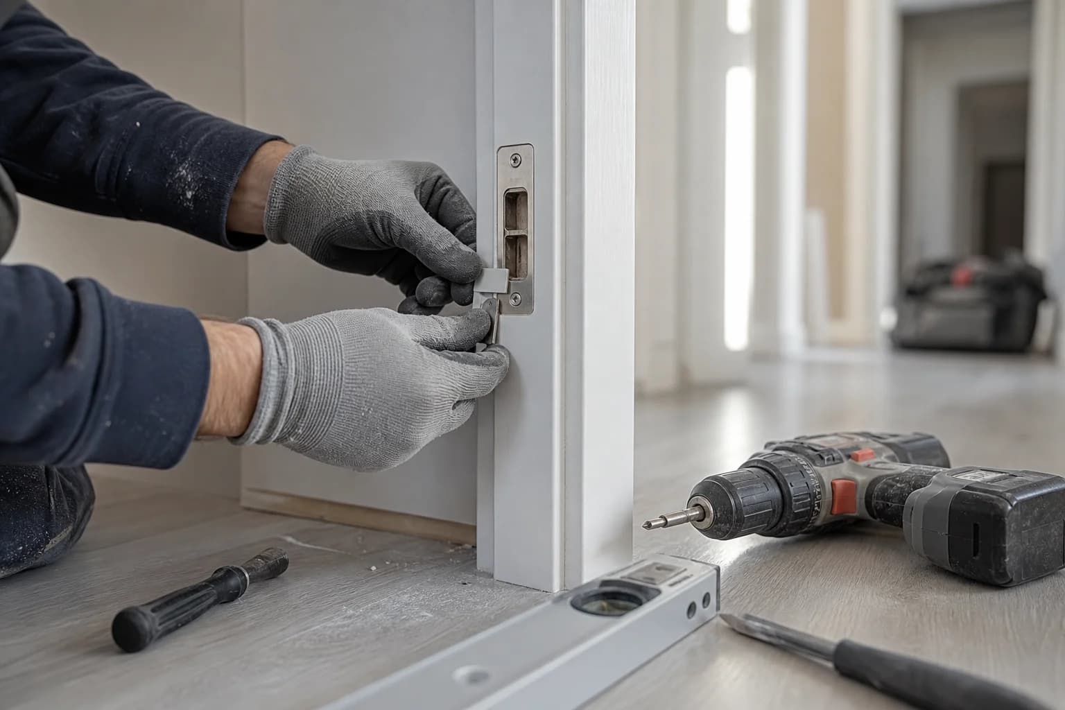 An operative carrying out a door frame repair